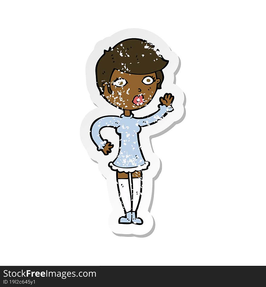 retro distressed sticker of a cartoon pretty woman waving