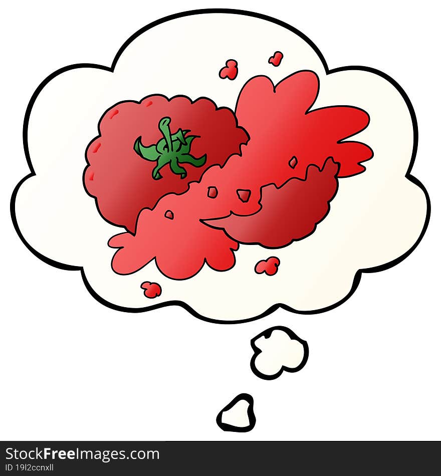 cartoon squashed tomato and thought bubble in smooth gradient style