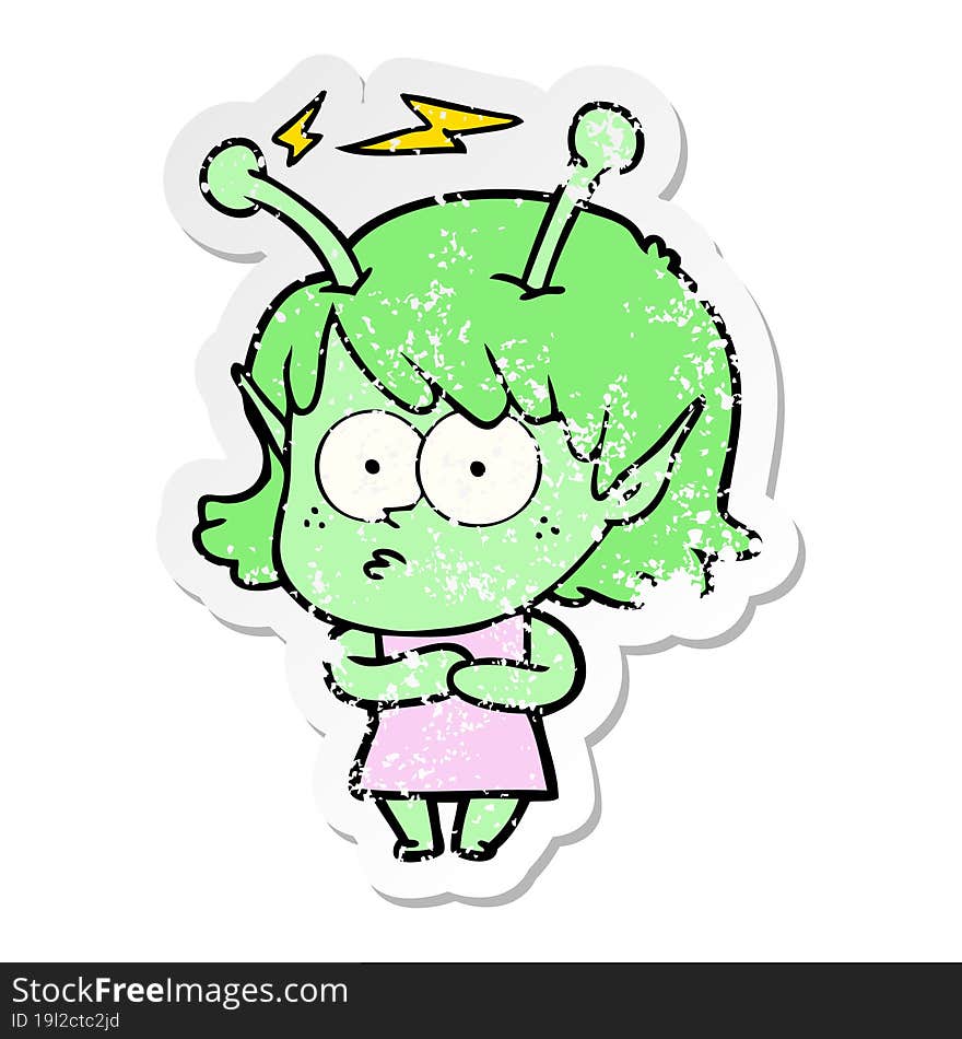 distressed sticker of a cartoon alien girl