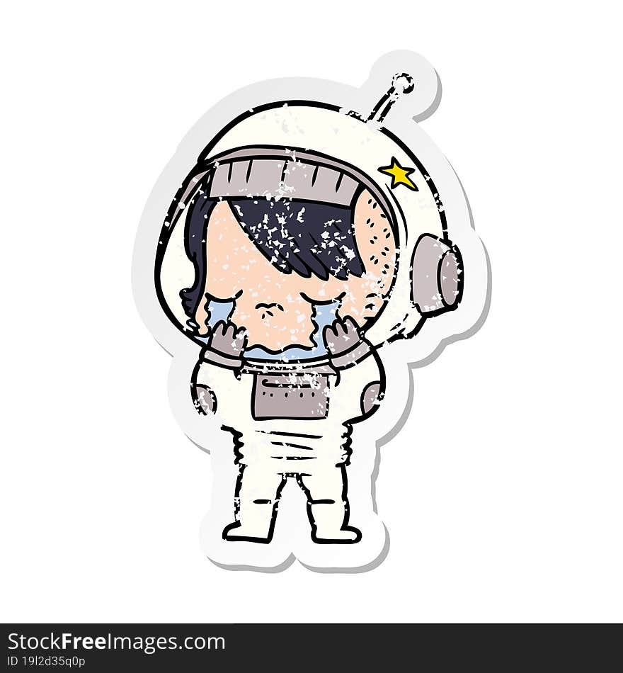 distressed sticker of a cartoon crying astronaut girl