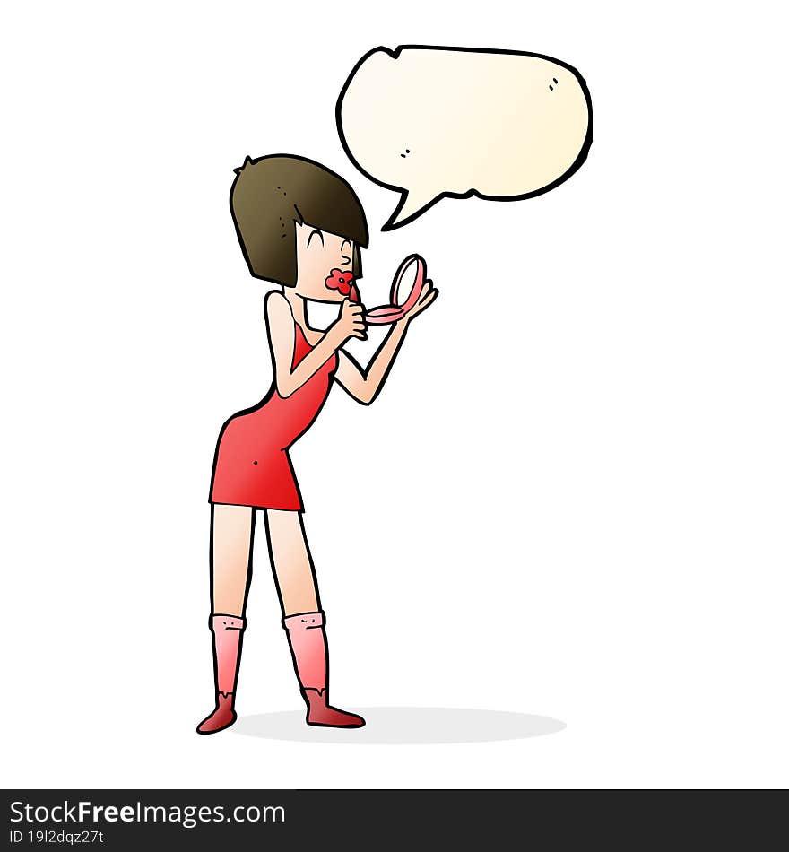 cartoon woman applying lipstick with speech bubble