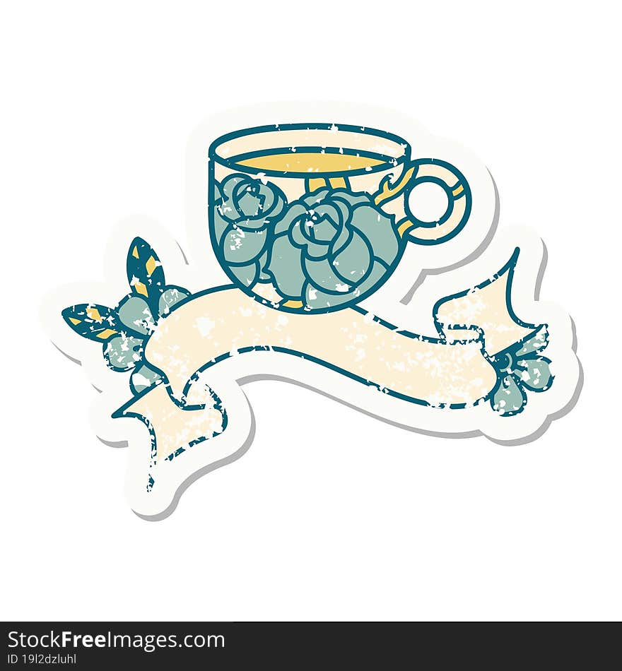 grunge sticker with banner of a cup and flowers