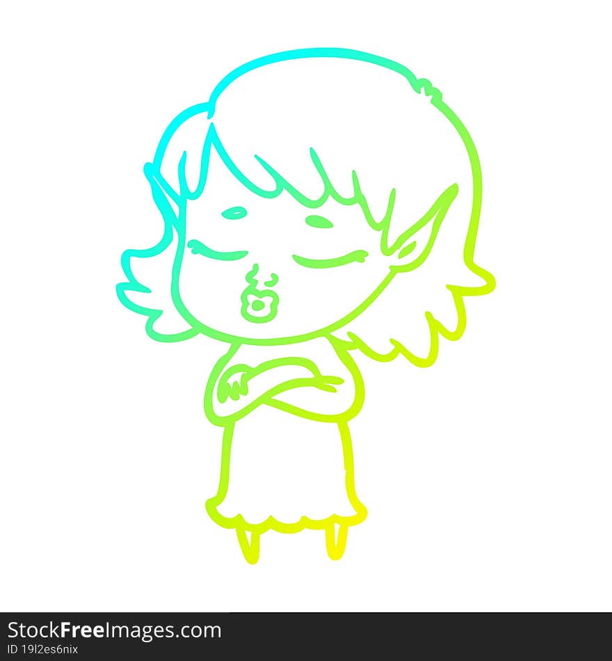 cold gradient line drawing pretty cartoon elf girl with corssed arms