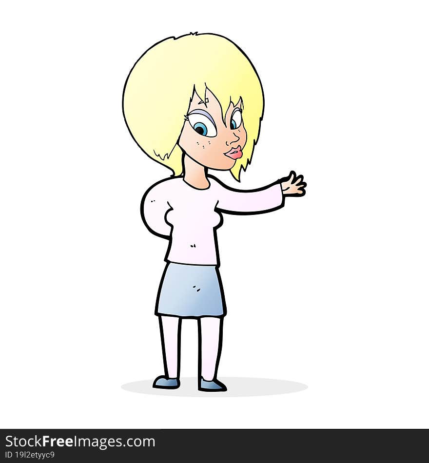 cartoon woman making welcome gesture