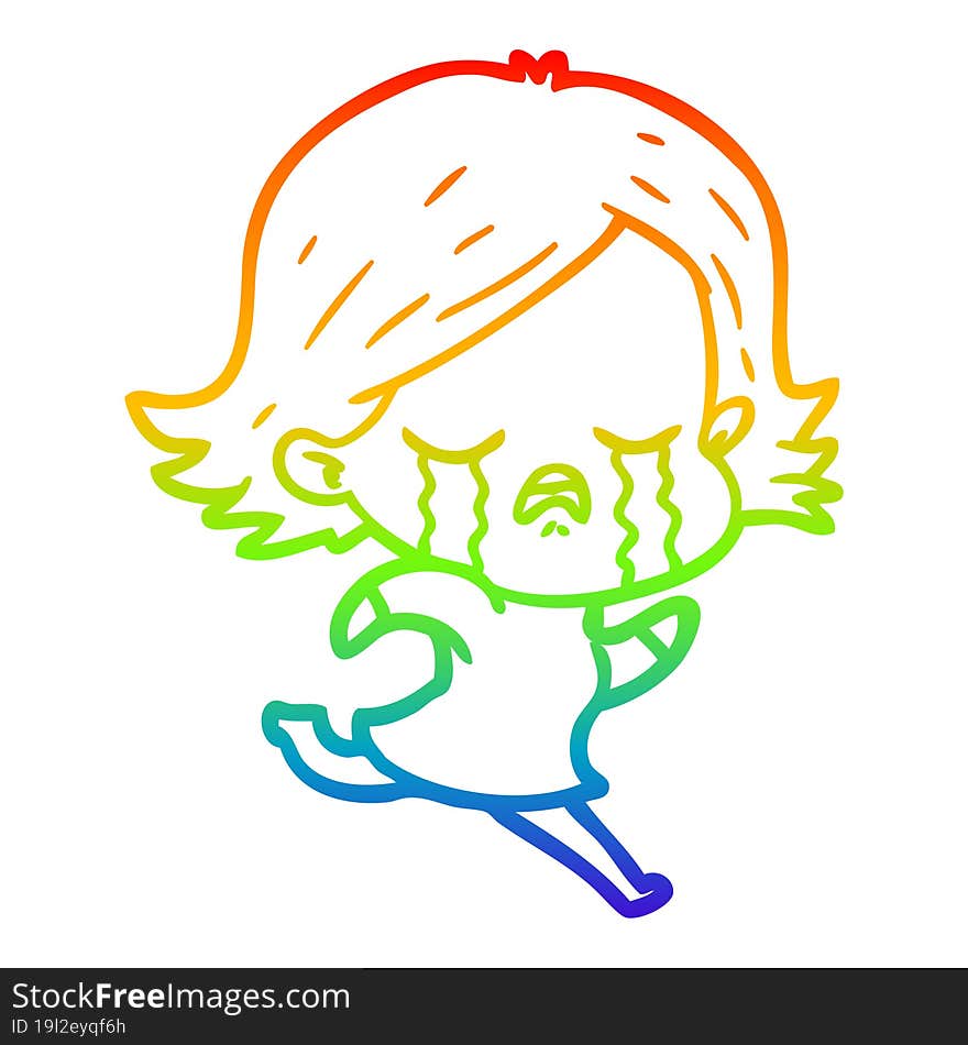 rainbow gradient line drawing cartoon girl crying whilst running