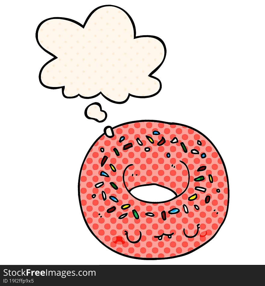 cartoon donut and thought bubble in comic book style