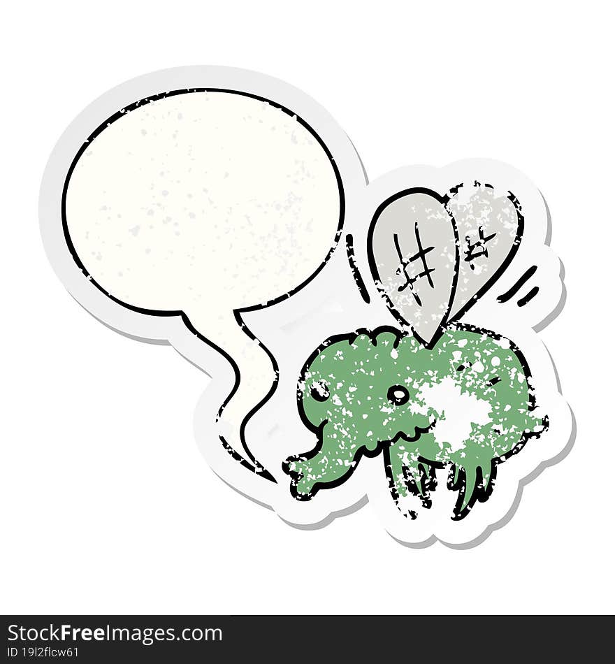 Cartoon Fly And Speech Bubble Distressed Sticker