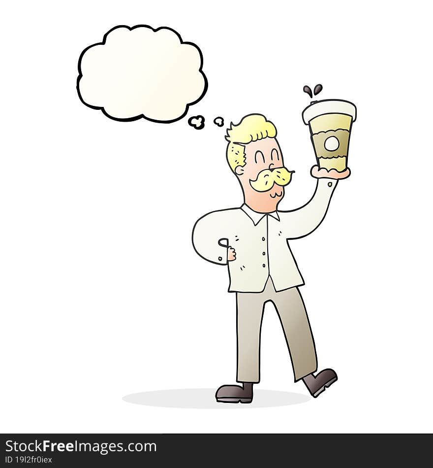 freehand drawn thought bubble cartoon man with coffee cups