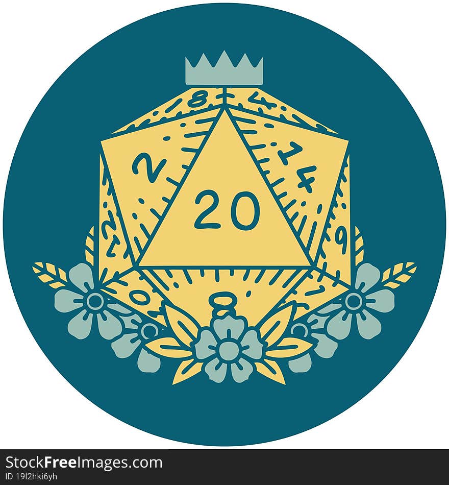 Natural 20 D20 Dice Roll With Floral Elements Illustration