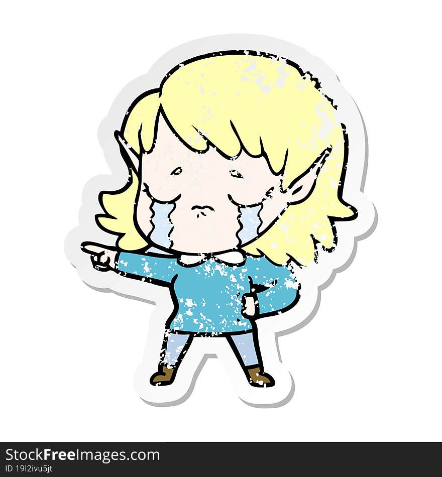 distressed sticker of a cartoon crying elf girl