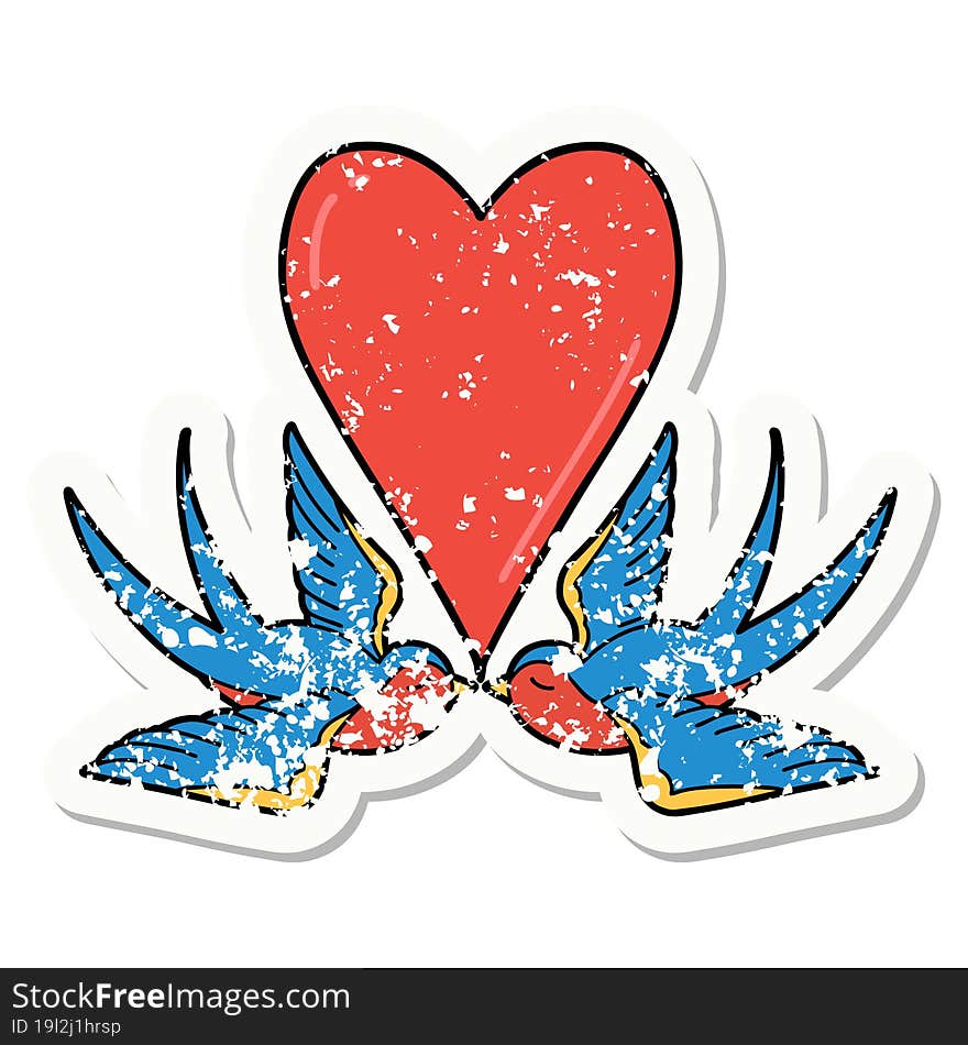 Traditional Distressed Sticker Tattoo Of A Swallows And A Heart