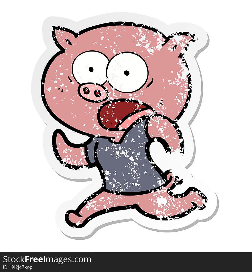 Distressed Sticker Of A Cartoon Pig Running Away