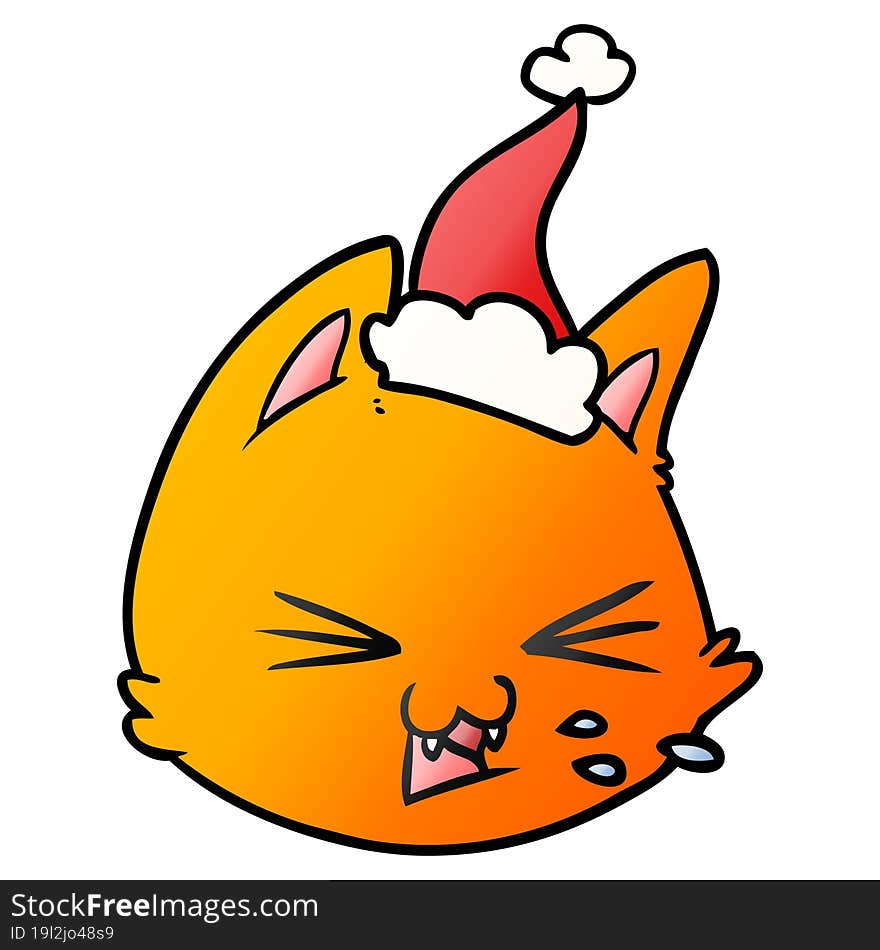 spitting gradient cartoon of a cat face wearing santa hat