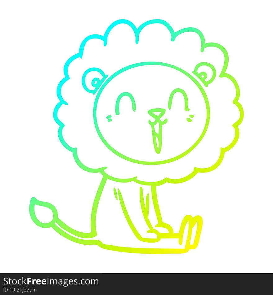 cold gradient line drawing of a laughing lion cartoon sitting