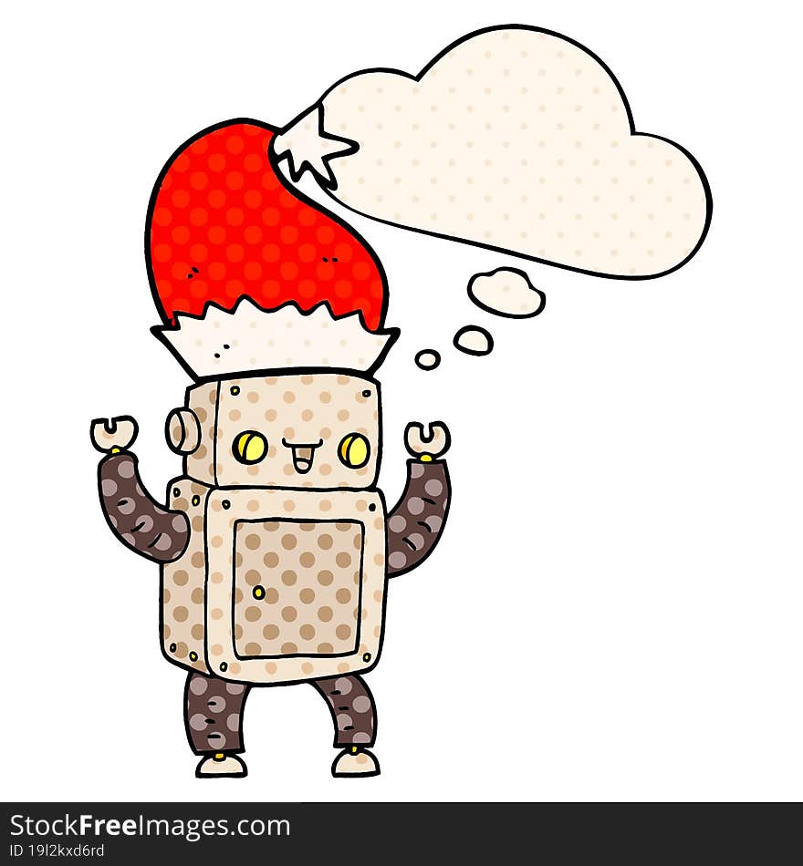 cartoon christmas robot and thought bubble in comic book style