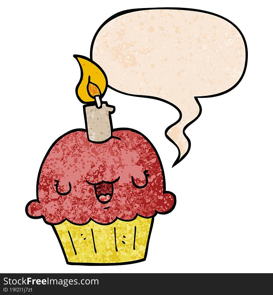 Cartoon Cupcake And Speech Bubble In Retro Texture Style