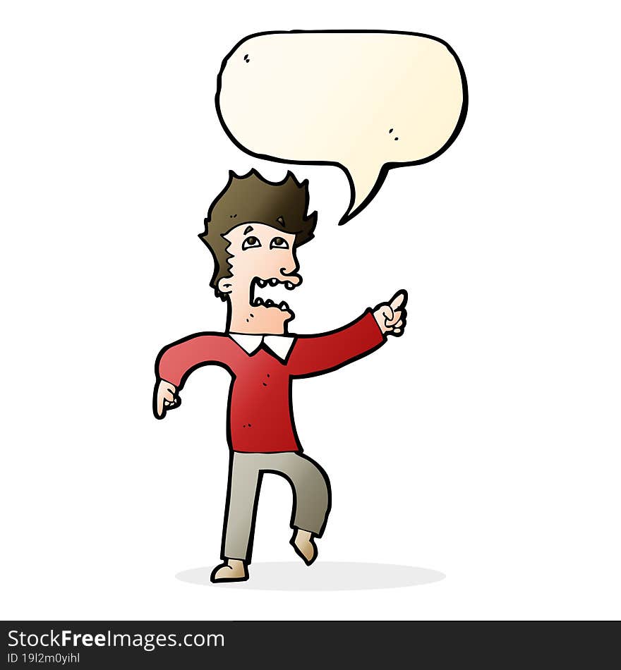 cartoon frightened man pointing with speech bubble