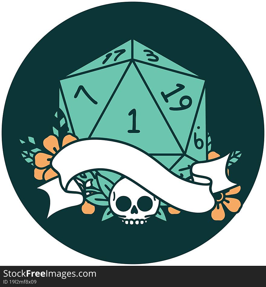 icon of natural one d20 dice roll. icon of natural one d20 dice roll