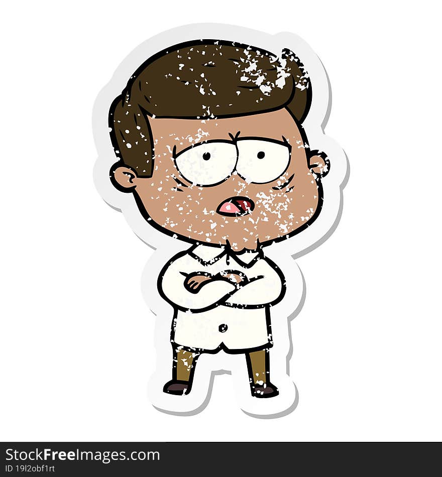 distressed sticker of a cartoon tired man