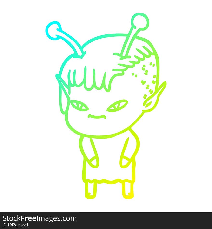 Cold Gradient Line Drawing Cute Cartoon Alien Girl