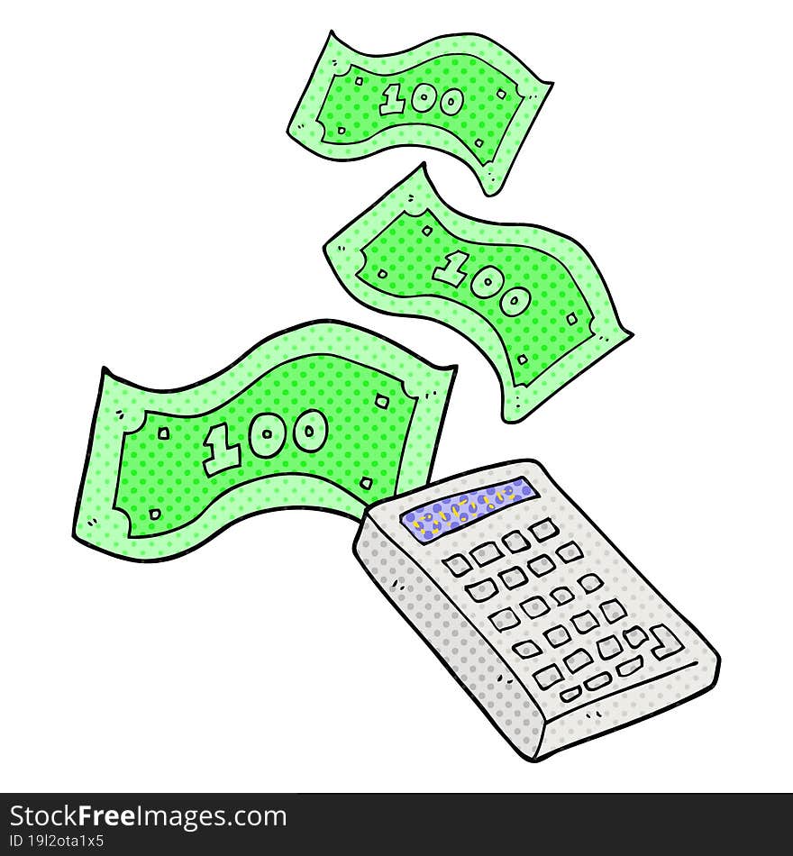 freehand drawn comic book style cartoon calculator counting money