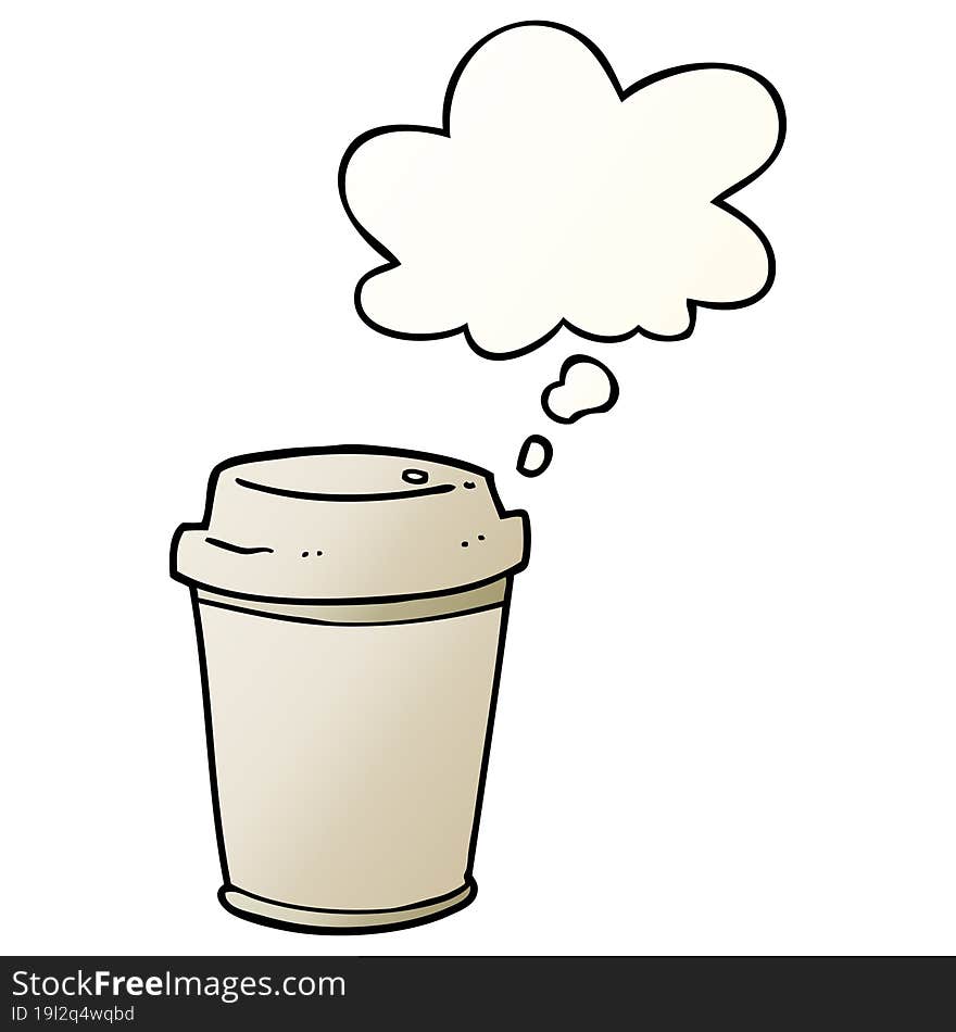 cartoon takeout coffee cup and thought bubble in smooth gradient style