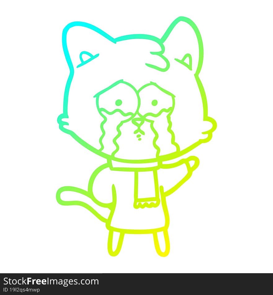 cold gradient line drawing of a cartoon crying cat