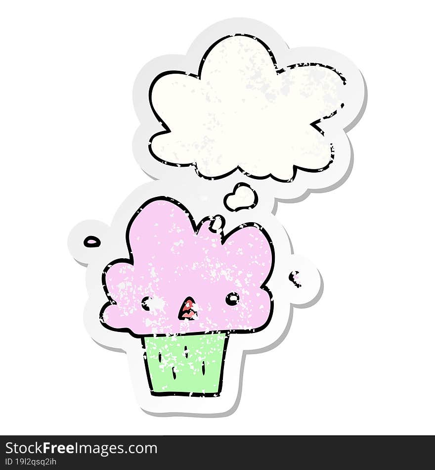 cartoon cupcake with thought bubble as a distressed worn sticker