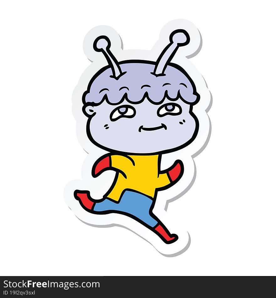 sticker of a friendly cartoon spaceman running