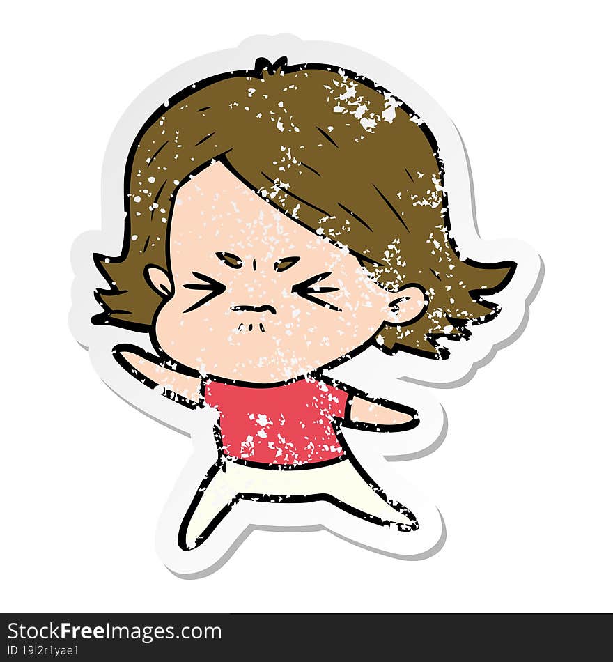 distressed sticker of a cartoon angry girl