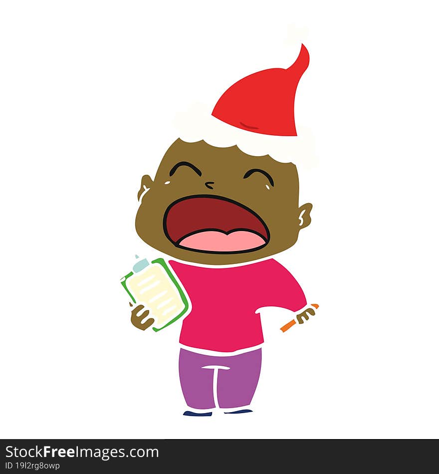 flat color illustration of a shouting bald man wearing santa hat