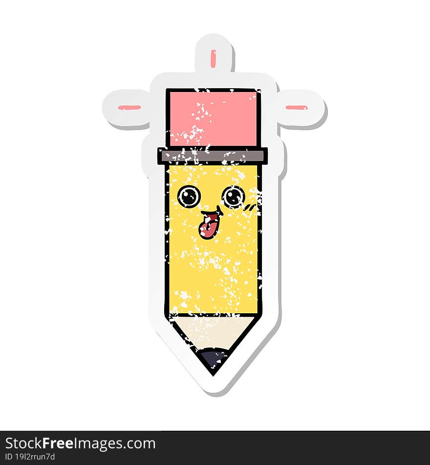 distressed sticker of a cute cartoon pencil