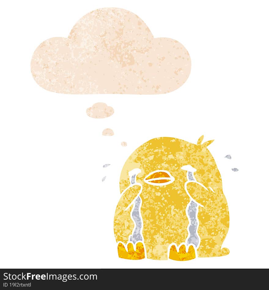 Cartoon Crying Bird And Thought Bubble In Retro Textured Style