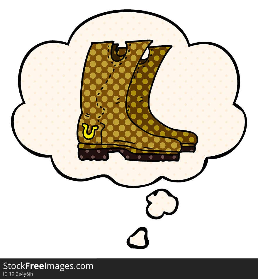 cartoon cowboy boots and thought bubble in comic book style