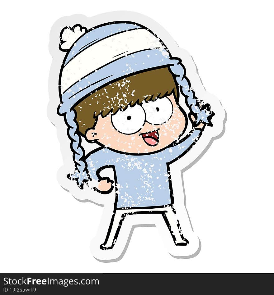 Distressed Sticker Of A Happy Cartoon Boy Wearing Hat