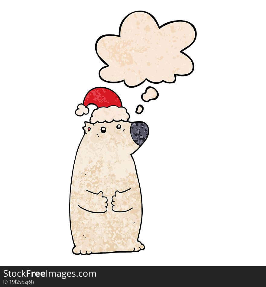 cartoon bear wearing christmas hat and thought bubble in grunge texture pattern style