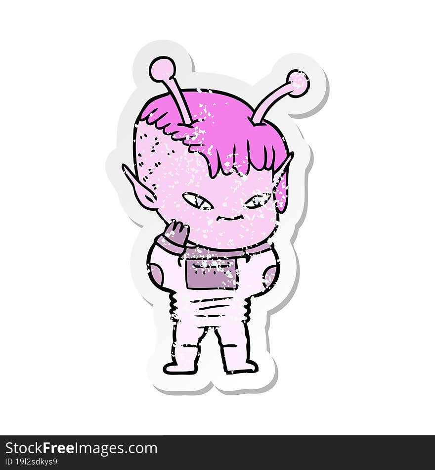 distressed sticker of a cute cartoon alien girl