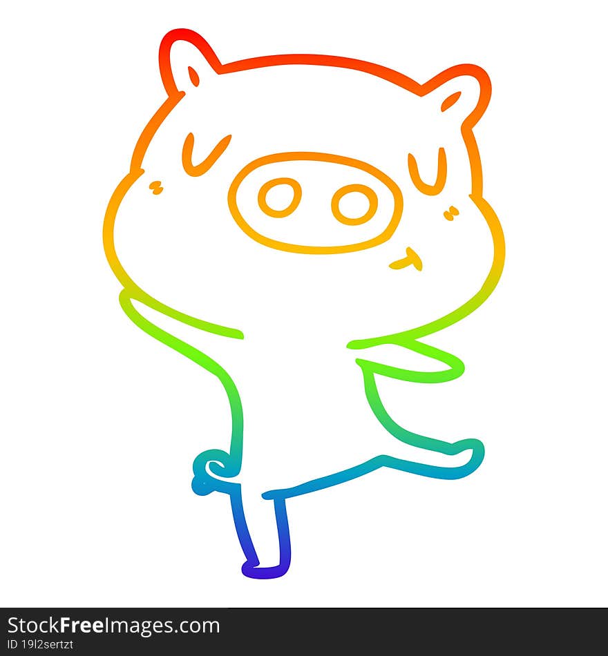 Rainbow Gradient Line Drawing Cartoon Pig Dancing