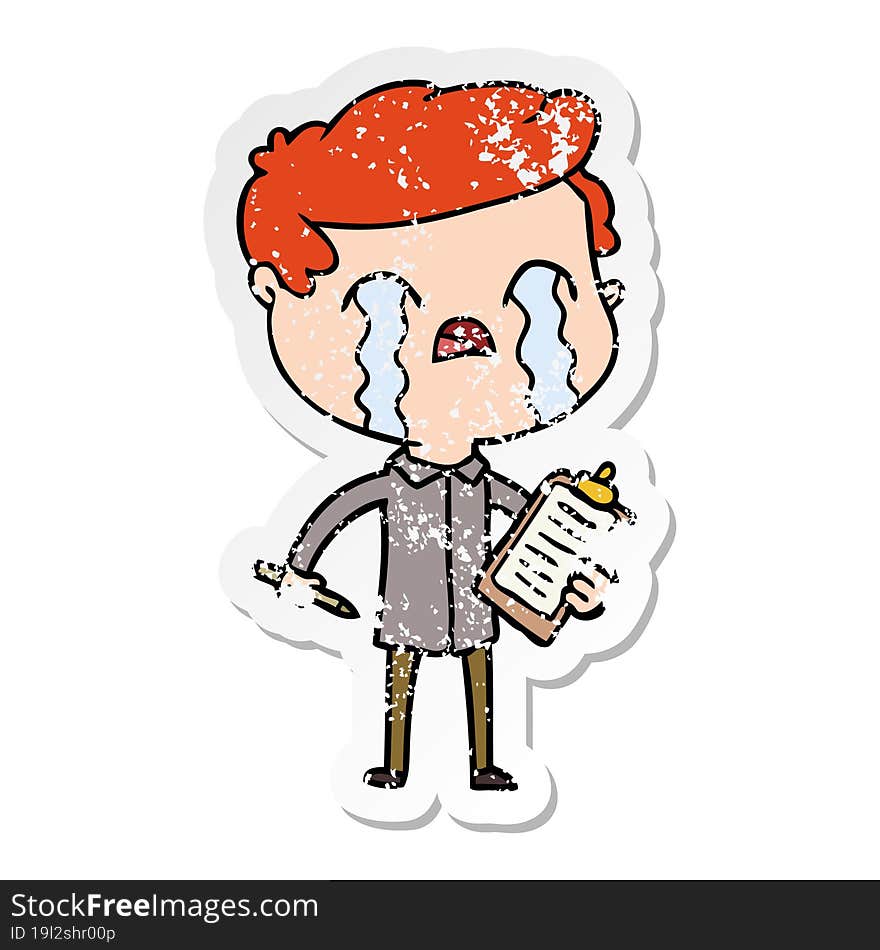 Distressed Sticker Of A Cartoon Salesman Crying