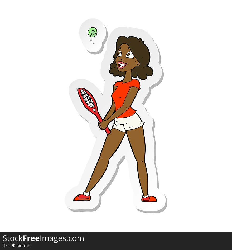 Sticker Of A Cartoon Woman Playing Tennis