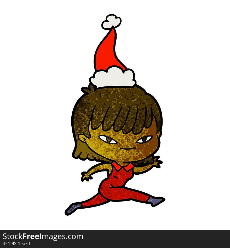 hand drawn textured cartoon of a woman wearing santa hat