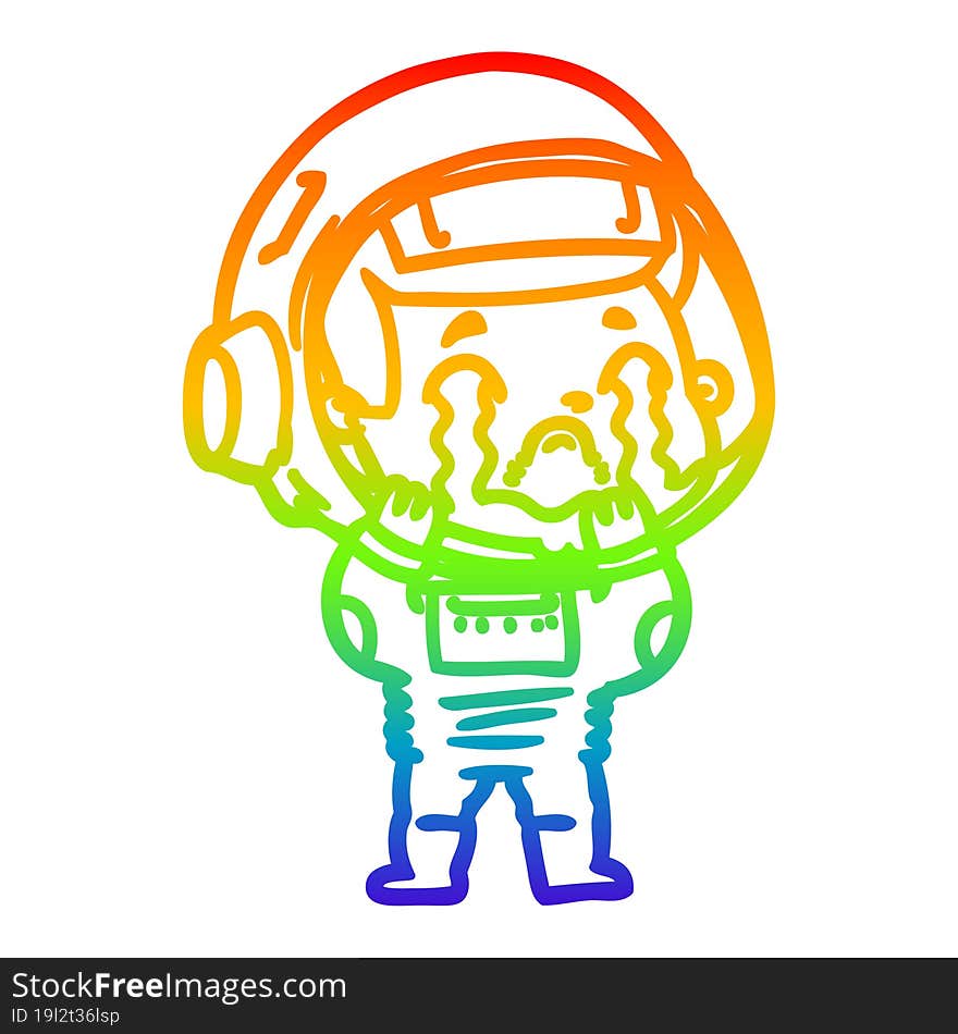 rainbow gradient line drawing of a cartoon crying astronaut