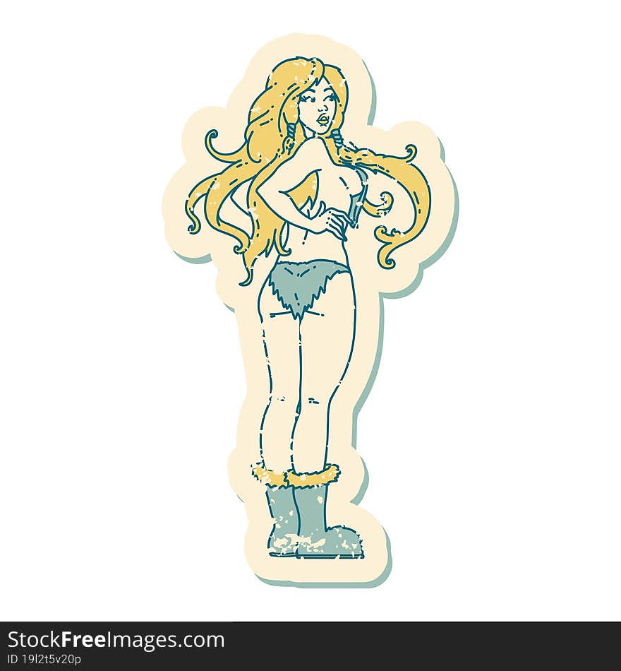 distressed sticker tattoo style icon of a pinup viking girl