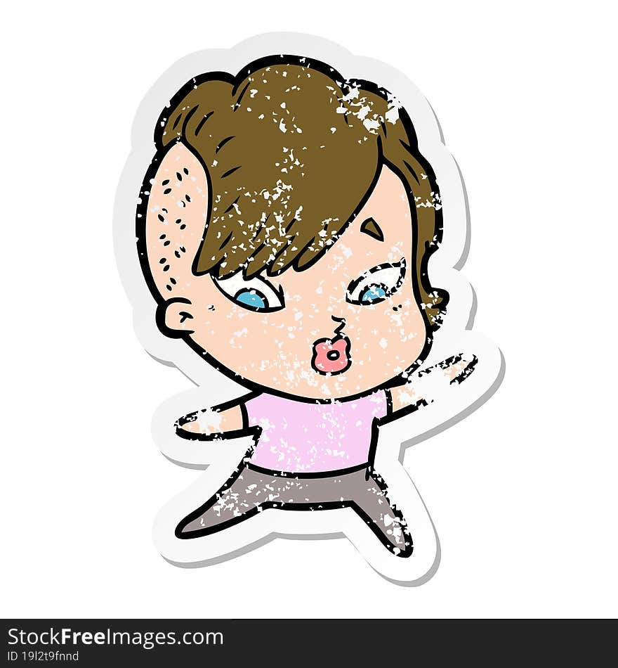 Distressed Sticker Of A Cartoon Surprised Girl Pointing