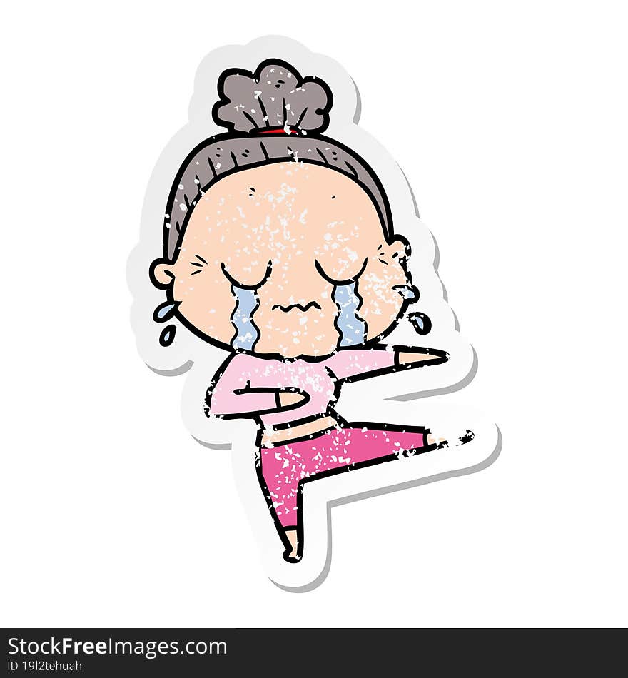 distressed sticker of a cartoon old dancer woman crying