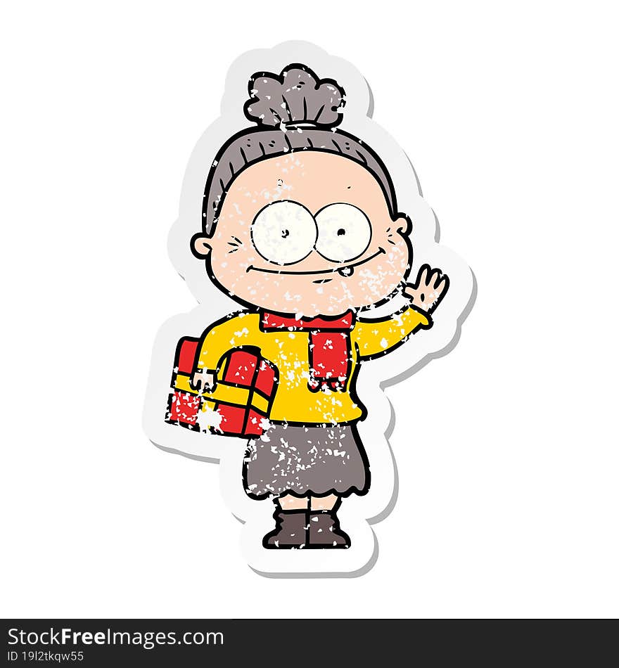 distressed sticker of a cartoon happy old woman