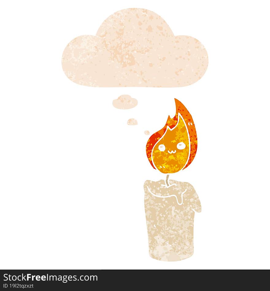 cartoon candle character and thought bubble in retro textured style