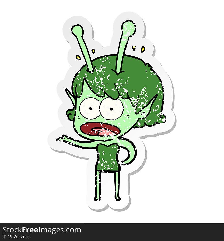 distressed sticker of a cartoon shocked alien girl