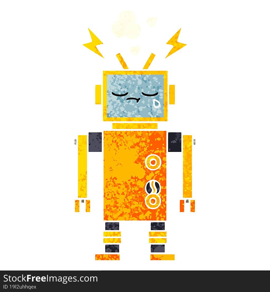 retro illustration style cartoon of a malfunctioning robot