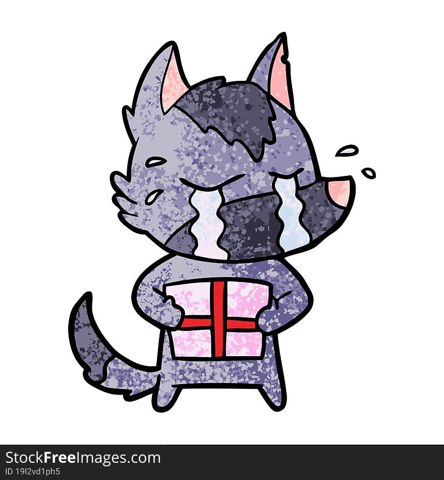 cartoon crying wolf with christmas present. cartoon crying wolf with christmas present